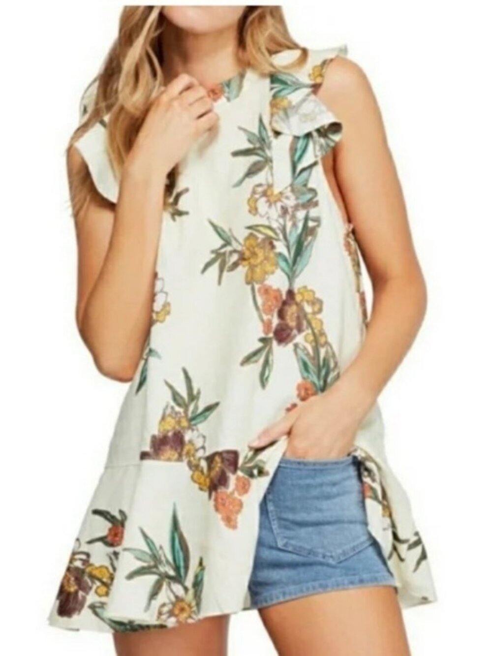 Free people Floral Sleeveless Top linen ruffle beige casual vacation women M